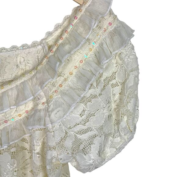 AMERICAN RAG Women L Ivory Floral Lace Sequin Trim Peasant Smocked Top - Picture 8 of 10